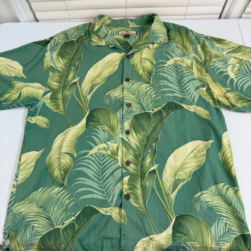 Tommy Bahama Mens Large Green Silk Banana Leaf Tropical Camp Shirt Short Sleeve